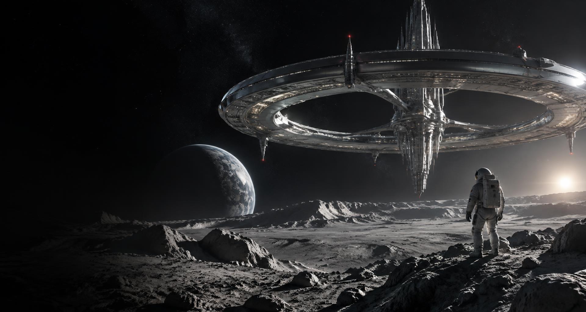 An astronaut looks toward a monumental orbital station